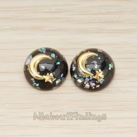 CB.301 // Small Holographic Crust Moon and Star View Cabochon, 2Pc