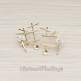 ER.175 // Cross Square Cubic Zirconia and Leaf Ear Post, 2 Pc