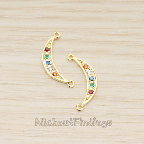 PD.1765 // Chakra Colorful Cubic Crescent Moon Connector Pendant, 2Pc